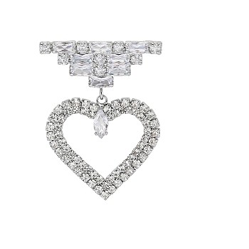 Alloy Rhinestone Brooch for Backpack Clothes, Heart, Platinum, 45x32mm