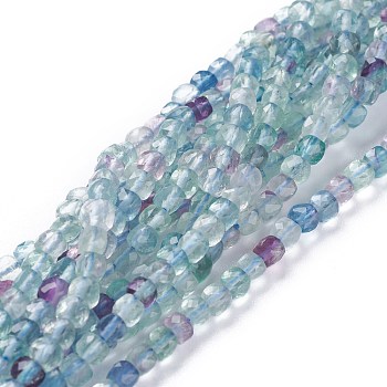 Natural Fluorite Beads Strands, Square, Faceted, 4x4x4mm, Hole: 0.9mm, about 103pcs/strand, 15.55inch(39.5cm)