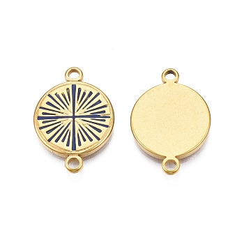 304 Stainless Steel Enamel Connector Charms, Real 18K Gold Plated, Flat Round, Prussian Blue, 21x15x2mm, Hole: 1.8mm