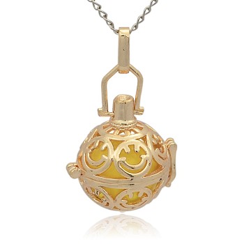 Golden Tone Brass Hollow Round Cage Pendants, with No Hole Spray Painted Brass Round Ball Beads, Gold, 35x25x21mm, Hole: 3x8mm