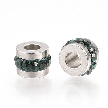 201 Stainless Steel Rhinestone Beads, Column, Emerald, 7x5mm, Hole: 3mm