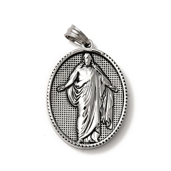 Tibetan Style 304 Stainless Steel Pendants, Religion, Oval with Man Pattern Charms, Antique Silver, 35.5x26x3.5mm, Hole: 5x7mm