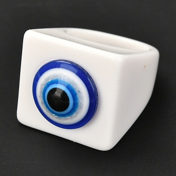 Transparent Acrylic Finger Rings, Square with Resin Evil Eye, White, US Size 7 3/4(17.9mm), 5~20mm, Inner Diameter: 17mm