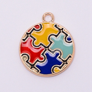 Alloy Enamel Pendants, Cadmium Free & Lead Free, Flat Round with Puzzle, Colorful, Light Gold, 23.5x19.5x1.5mm, Hole: 2.5mm