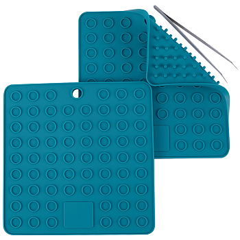 2Pcs Square Silicone Hot Mats for Hot Dishes, Heat Resistant Pot Holder, Heat Insulation Pad Kitchen Tool, with 1Pc Iron Beading Tweezers, Teal, 185x185x7mm, Hole: 12mm