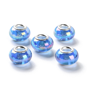 UV Plating Resin European Beads, Rondelle Large Hole Beads, with Platinum Tone Alloy Double Cores, Dodger Blue, 13.5x9mm, Hole: 5mm