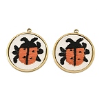 304 Stainless Steel & Embroidered Pendants, Flat Round with Laybug Charms, Dark Orange, Ion Plating(IP), Long-Lasting Plated, Real 18K Gold Plated, 28x25x3mm, Hole: 1.6mm(SA-CBA1ED9-02G)