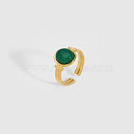Oval Natural Green Aventurine Ring, Stainless Steel Cuff Ring for Women, Real 18K Gold Plated(VR5494-3)