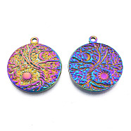 201 Stainless Steel Pendants, Flat Round with Sun & Moon, Rainbow Color, 29x25x2mm, Hole: 2mm(STAS-N098-168M)