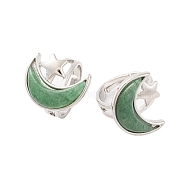 Moon & Star Natural Green Aventurine Adjustable Rings, Rack Plating Brass Ring for Women, Platinum, US Size 8 1/2(18.5mm)(G-B085-18P-04)