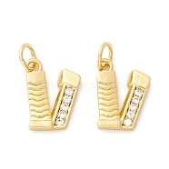 Rack Plating Eco-friendly Brass Micro Pave Clear Cubic Zirconia Charms, Long-Lasting Plated, Real 18K Gold Plated, Cadmium Free & Nickel Free & Lead Free, Letter.V, 13x10x2mm, Hole: 3.5mm(KK-D072-01G-V-NR)