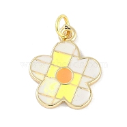 Brass Enamel Pendants, with Jump Ring, Real 18K Gold Plated, Flower Charm, Yellow, 18.5x15x1mm, Hole: 3mm(KK-B114-15G-01)