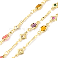 Handmade Oval Glass Link Chains, Real 18K Gold Plated Brass Cubic Zirconia Rhombus Link Chains, Soldered, with Spool, Cadmium Free & Lead Free, Mixed Color, Oval: 14x5x2mm, Rhombus: 10x6.5x1mm(CHC-M024-21G)
