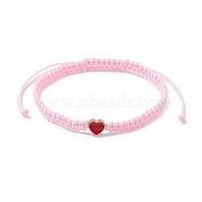 Nylon Thread Braided Bead Adjustable Bracelets, with Alloy Enamel Heart, for Women, Pink, Inner Diameter: 2-3/8~4-1/8 inch(6.1~10.6cm)(BJEW-JB09769-02)