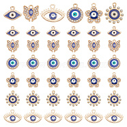60Pcs 6 Style Alloy Enamel Pendants, with Crystal Rhinestone, Butterfly & Evil Eye & Flat Round & Flower, Light Gold, 12.5~19x14.5~21x2~3mm, Hole: 1.6~2mm, 10pcs/style(FIND-GO0001-06)