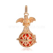 Golden Plated Brass Hollow Round Cage Pendants, with No Hole Spray Painted Brass Beads, Red, 45x25x24mm, Hole: 3x8mm(KK-J251-02G)