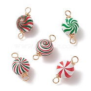 Copper Wire Wrapped Natural Wooden Connector Charms, Christmas Theme Printed Round with Vortex Pattern, Mixed Color, 31x16mm, Hole: 4x4~4.5mm(PALLOY-JF02038)