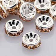 Brass Rhinestone Spacer Beads, Grade A, Straight Flange, Silver Color Plated, Rondelle, Light Peach, 6x3mm, Hole: 1mm(RB-A014-Z6mm-25S)
