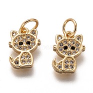 Brass Micro Pave Clear Cubic Zirconia Charms, Long-Lasting Plated, with Jump Ring, Cat, Golden, 11.5x8x2mm, Jump Ring: 5x1mm, 3mm Inner Diameter(ZIRC-C020-38G)