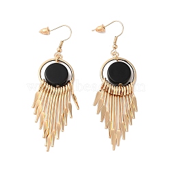 Resin Flat Round with Tassel Dangle Earrings, Light Gold Alloy Long Drop Earrings for Women, Black, 78mm, Pin: 0.8mm(EJEW-D054-03KCG)