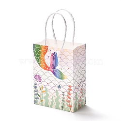 Rectangle Foldable Creative Kraft Paper Gift Bag, with Handle, Wedding Favor Bag, Mermaid Pattern, 15x11x0.15cm(CARB-B001-01A)