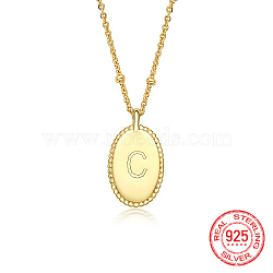 925 Sterling Silver Letter Initial Oval Pendant Necklaces for Women, with Cable Chains, Real 18K Gold Plated, Letter C, 15.75 inch(40cm)(EL6437-5)