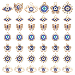 60Pcs 6 Style Alloy Enamel Pendants, with Crystal Rhinestone, Butterfly & Evil Eye & Flat Round & Flower, Light Gold, 12.5~19x14.5~21x2~3mm, Hole: 1.6~2mm, 10pcs/style(FIND-GO0001-06)