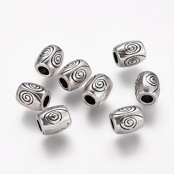 Tibetan Style Alloy Beads, Lead Free & Nickel Free & Cadmium Free, Barrel, Antique Silver, about 7mm long, 6mm wide, hole: 2.5mm