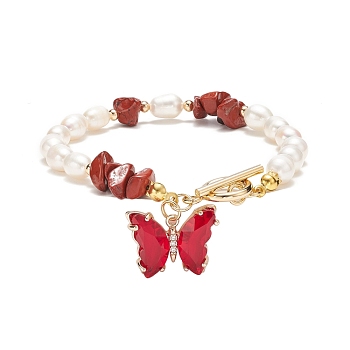 Glass Butterfly Charm Bracelet with Clear Cubic Zirconia, Natural Red Jasper Chips & Pearl Beaded Bracelet for Women, 7-5/8 inch(19.5cm)