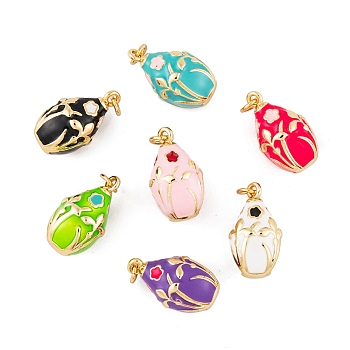 Brass Enamel Pendants, with Jump Ring, Real 18K Gold Plated, Teardrop with Flower Charm, Mixed Color, 19x11mm, Hole: 3mm