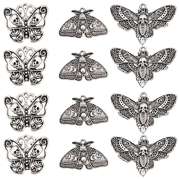 24Pcs 3 Style Tibetan Style Alloy Pendants, Butterfly & Moth, Antique Silver, 20~27x23~43x3~4mm, Hole: 1.2~2.3mm, 8pcs/style