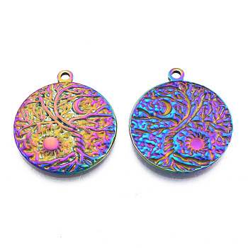 201 Stainless Steel Pendants, Flat Round with Sun & Moon, Rainbow Color, 29x25x2mm, Hole: 2mm