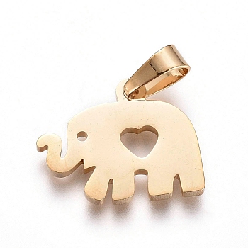 304 Stainless Steel Pendants, Elephant with Heart, Golden, 13x16x1.3mm, Hole: 6x3mm