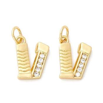 Rack Plating Eco-friendly Brass Micro Pave Clear Cubic Zirconia Charms, Long-Lasting Plated, Real 18K Gold Plated, Cadmium Free & Nickel Free & Lead Free, Letter.V, 13x10x2mm, Hole: 3.5mm