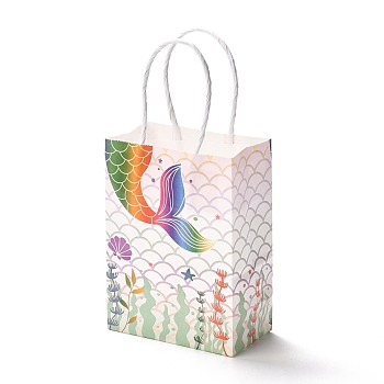 Rectangle Foldable Creative Kraft Paper Gift Bag, with Handle, Wedding Favor Bag, Mermaid Pattern, 15x11x0.15cm