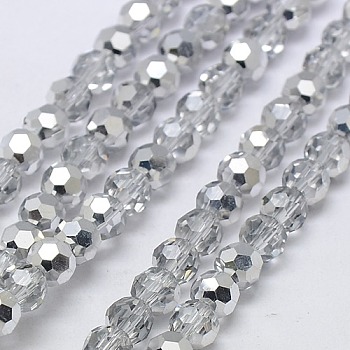Electroplate Glass Beads Strands, Half Plated, Faceted(32 Facets), Round, Silver Plated, 8mm, Hole: 1mm, about 72pcs/strand, 22.6 inch