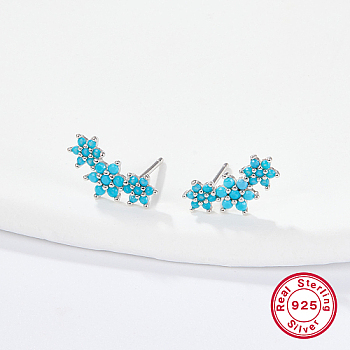 Cubic Zirconia Flower Stud Earrings, Silver 925 Sterling Silver Post Earings, Dark Turquoise, 12x5mm