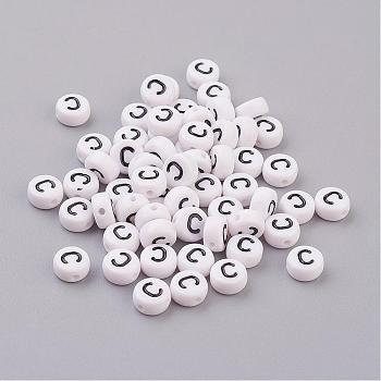 Acrylic Beads, with Horizontal Hole, Letter, Flat Round, Letter.C, 7x4mm, Hole: 1mm, about 3500pcs/500g