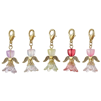 Lily Angel Glass Pendant Decorations, with Alloy Swivel Lobster Claw Clasps, Antique Golden, 47mm