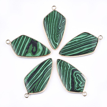 Synthetic Malachite Pendants, with Brass Findings, Kite, Golden, 40~42x21x3.5~4.5mm, Hole: 2mm