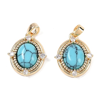 Synthetic Turquoise Oval Pendants, Brass Clear Cubic Zirconia Charms, Real 18K Gold Plated, 18x15x4.5mm, Hole: 3.5x2.5mm