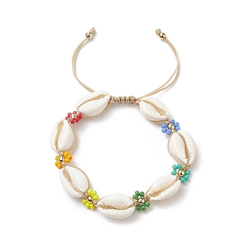 Natural Cowrie Shell & Glass Seed Flower Braided Bead Bracelets for Women, Colorful, Inner Diameter: 2~3-5/8 inch(5~9.1cm)