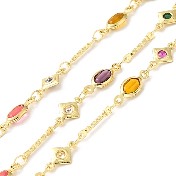 Handmade Oval Glass Link Chains, Real 18K Gold Plated Brass Cubic Zirconia Rhombus Link Chains, Soldered, with Spool, Cadmium Free & Lead Free, Mixed Color, Oval: 14x5x2mm, Rhombus: 10x6.5x1mm
