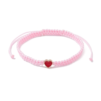 Nylon Thread Braided Bead Adjustable Bracelets, with Alloy Enamel Heart, for Women, Pink, Inner Diameter: 2-3/8~4-1/8 inch(6.1~10.6cm)