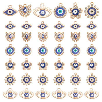 60Pcs 6 Style Alloy Enamel Pendants, with Crystal Rhinestone, Butterfly & Evil Eye & Flat Round & Flower, Light Gold, 12.5~19x14.5~21x2~3mm, Hole: 1.6~2mm, 10pcs/style