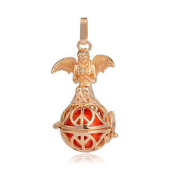Golden Plated Brass Hollow Round Cage Pendants, with No Hole Spray Painted Brass Beads, Red, 45x25x24mm, Hole: 3x8mm