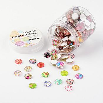 Glass Cabochons, Floral Printed, Half Round/Dome, Mixed Color, 10x3.5~4mm, about 200pcs/box