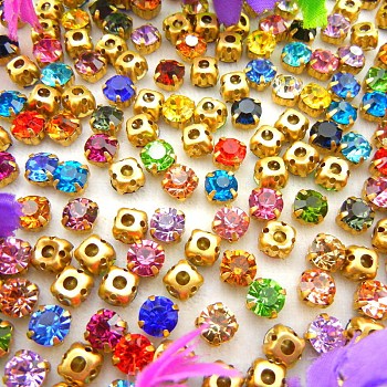 Flat Round Sew on Rhinestone, Glass Crystal Rhinestone, Multi-Strand Links, with Brass Prong Setting, Mixed Color, 6mm, about 1400~1440pcs/bag