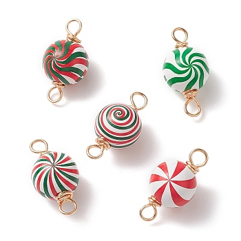 Copper Wire Wrapped Natural Wooden Connector Charms, Christmas Theme Printed Round with Vortex Pattern, Mixed Color, 31x16mm, Hole: 4x4~4.5mm
