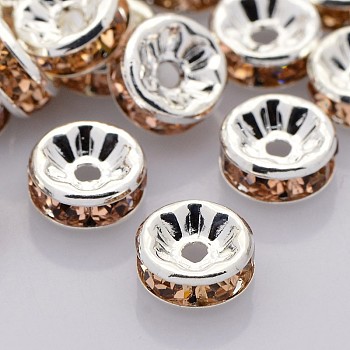 Brass Rhinestone Spacer Beads, Grade A, Straight Flange, Silver Color Plated, Rondelle, Light Peach, 6x3mm, Hole: 1mm